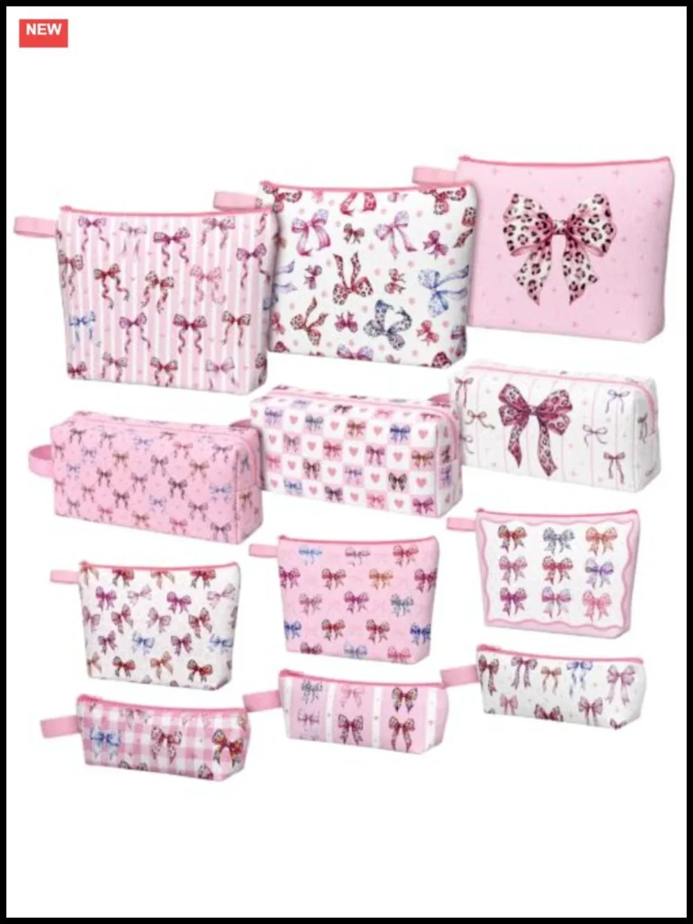 12pc Bow Makeup Bag Set Cosmetic Travel Toiletry Pouches Wristlet Zipper